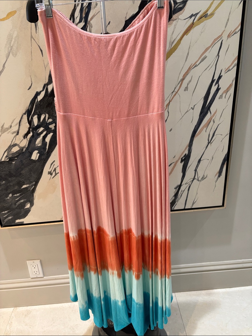Sky Pink Strapless Dip-Dye High-Low Maxi Dress with Orange & Teal Hem - Picture 3 of 3